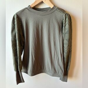 Anthropologie Brand Tiny Olive Green Shirt with Patterned Sleeves